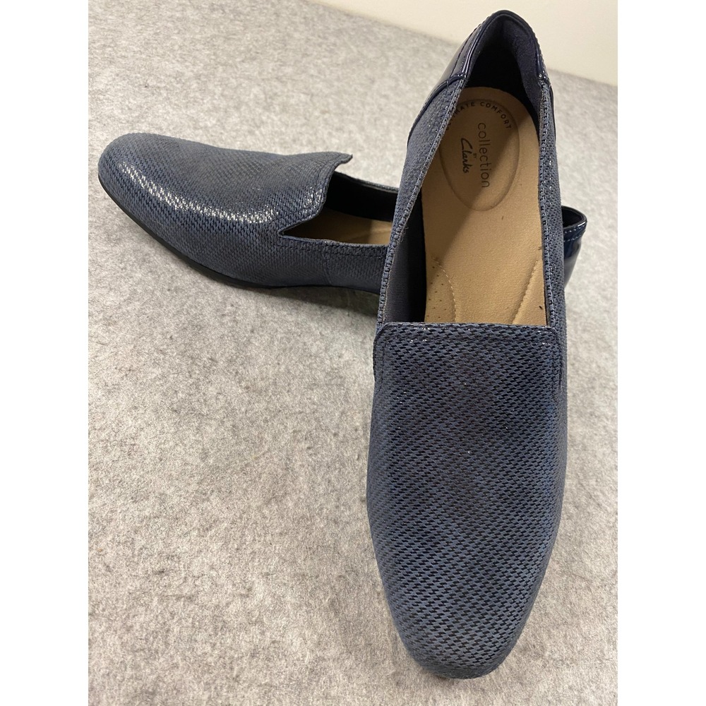 Clarks‎ Collection Navy Blue Textured Patent Comfort Loafers Womens 9.5 W**NWOT